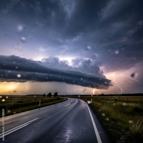 Stormy road ahead, lightning strikes across dramatic, dark clouds