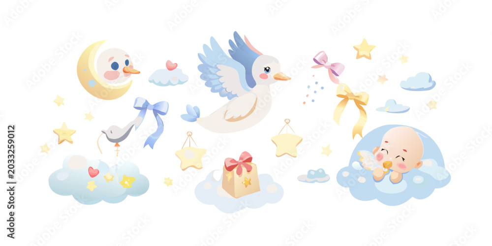 Obraz premium Cute nursery collection with stork bird and sleeping infant, vector