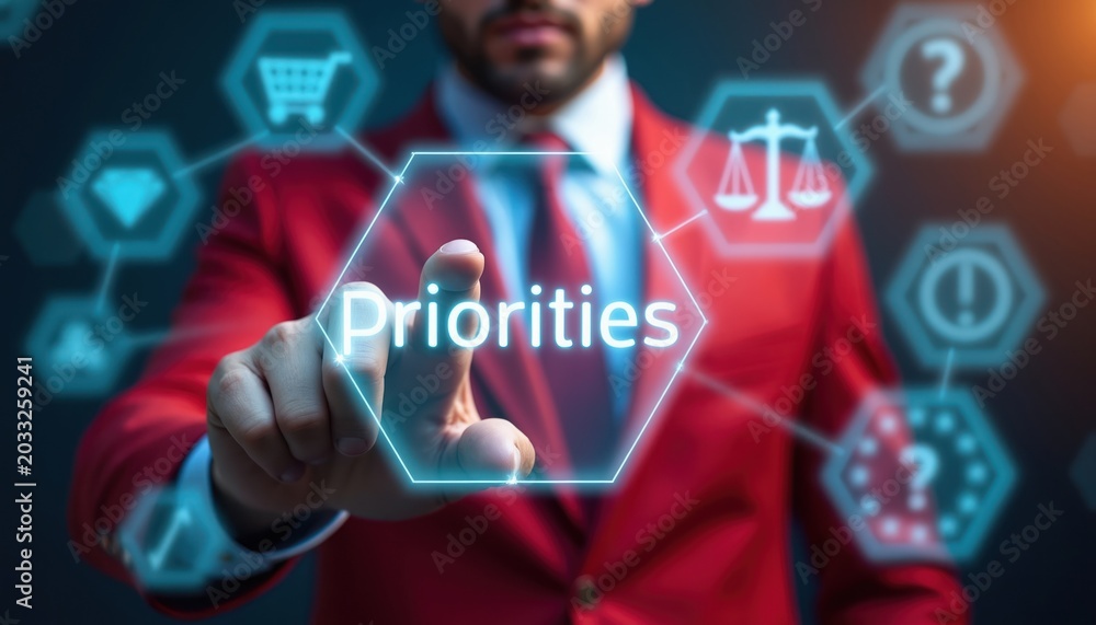 Obraz premium Businessman in red suit interacts with digital interface selecting Priorities option. Futuristic display shows icons for shopping, gems, scales, question marks, and exclamation.
