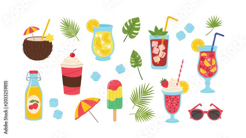 Φωτογραφία Summer Refreshments Collection: A vibrant assortment of tropical drinks, frozen treats, and beach accessories evoking the essence of a perfect summer day