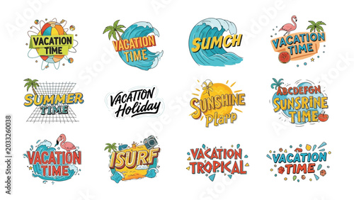 Summer Vacation Labels: A vibrant collection of graphic design elements, featuring hand-drawn typography and illustrations that evoke the spirit of summer holidays, vacations, and beach activities.