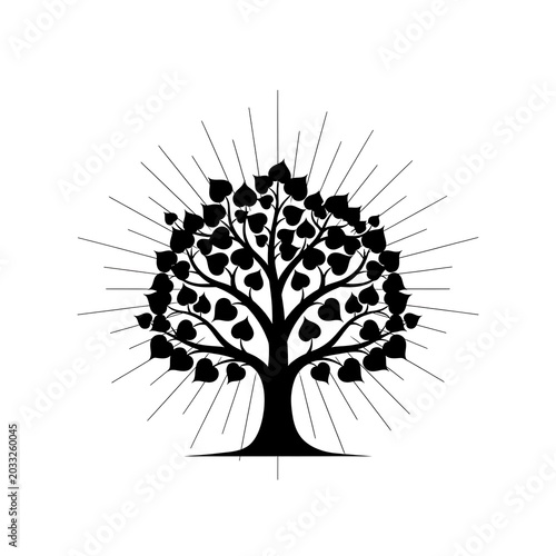 Stylized silhouette of a large tree with radiating lines from its canopy