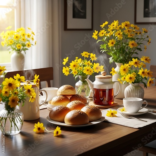 Sunny table with tea, bread, and cheerful yellow flowers