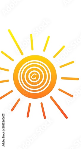 Stylized sunburst illustration with orange-to-yellow gradient and concentric circle details