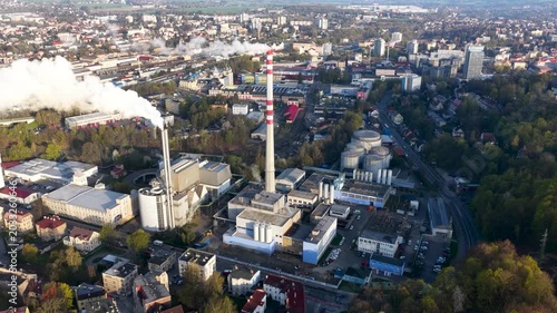 Aerial drone view of Teplarna heating plant and urban landscape in Liberec, Czech Republic