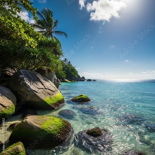 Sunny tropical beach with clear turquoise water, green mossy rocks, and lush foliage