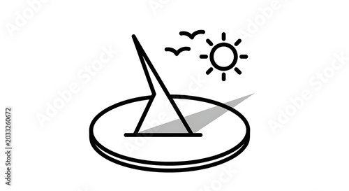 Stylized sundial on a circular base with sun and birds under clear sky