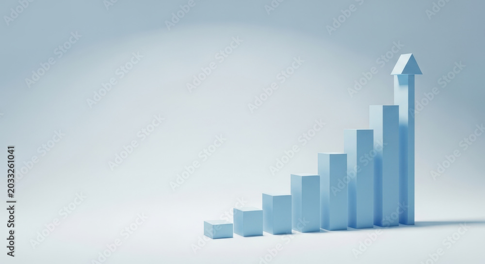 Fototapeta premium Growing Bar Graph Arrow Upward Financial Progress Concept Minimalist Style Business Achievement Development Success Rising Statistic Trend Report