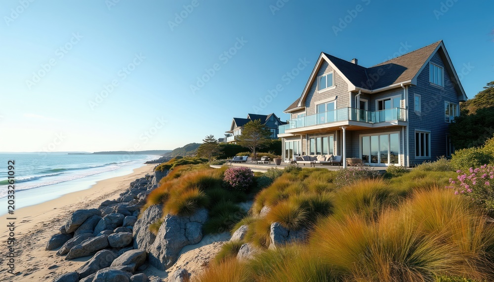Fototapeta premium Large grey house with ocean view sits on rocky cliff. Beach waves crash near green grass and pink flowers. Luxury property offers quiet seaside escape.