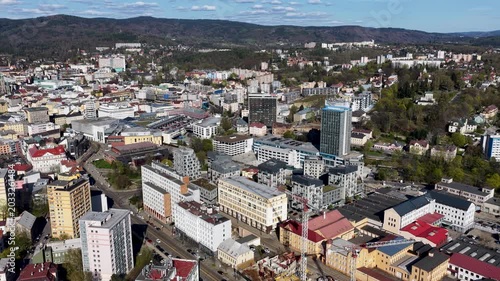 Aerial drone view of Liberec city residential districts and mountains in Czech Republic