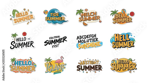 Photos Summer Celebration Graphics: A vibrant collection of artistic text designs proclaiming Summer, featuring tropical elements like palm trees, waves, sun, and flamingos