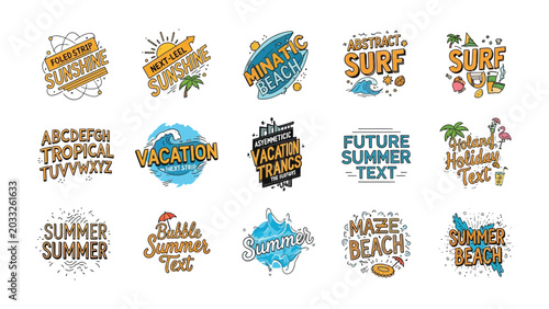 Foto Summer Vibes Collection: A vibrant compilation of stylized text elements and graphic illustrations evoking the essence of summer, beaches, and vacations