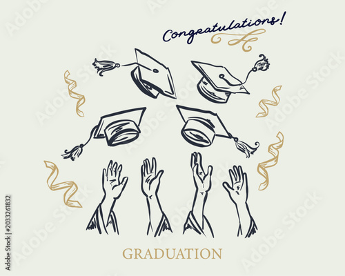 Gradutation cap throwing up vector hand drawn illustration