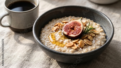 Gourmet oatmeal bowl with fresh figs, almonds, coffee