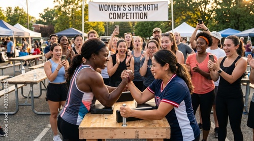 Women arm wrestling competition at outdoor strength event