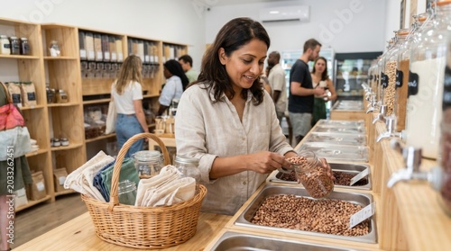 Woman scooping bulk grains at zero waste refill shop