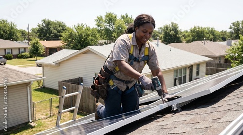 Worker installing solar panels on residential rooftop in suburban neighborhood