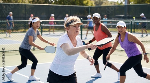 Senior woman playing pickleball with diverse group on outdoor court