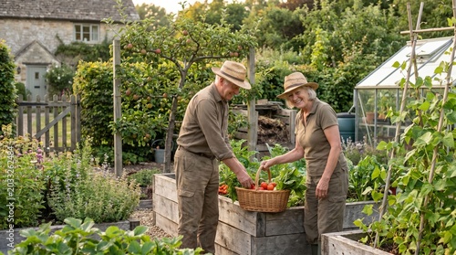 Couple harvesting fresh vegetables in rural cottage garden