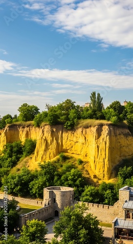Sunny yellow cliffs and ancient stone walls rise above a vibrant green landscape under a blue sky