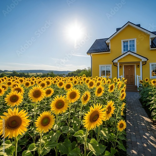 Sunny yellow house beside blooming sunflower field under bright blue sky