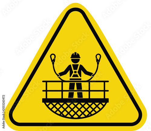 Construction worker safety harness icon representing height work and fall protection a warning sign for industrial safety and workplace hazard awareness