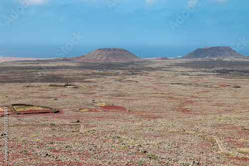 Foto A plain covered with red plants and a two hills in the distance, against the backdrop of a cloudless blue sky