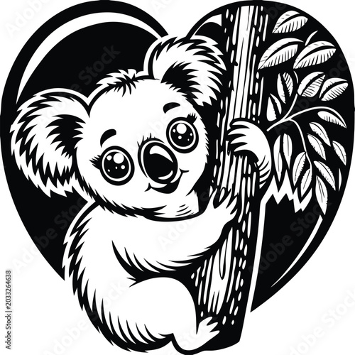 Photography Cute Koala Vector, Koala Illustration, Heart Shaped Background, Black and White