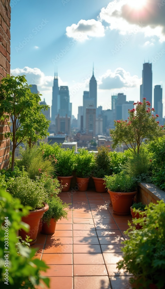 Fototapeta premium Green plants grow in pots on a city rooftop terrace overlooking skyscrapers. Sun shines through clouds on the urban garden oasis. Greenery provides a peaceful escape.