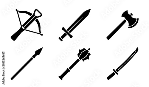 Schilderij op canvas Medieval weapons set flat icon silhouettes including sword axe and crossbow