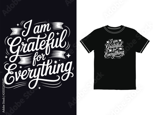 Beautiful grateful typography design featuring ribbons and stars for a trendy black t shirt mockup