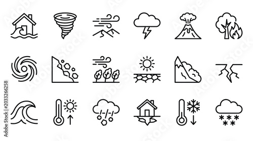 Tableau sur toile A collection of line icons depicting various natural disasters and extreme weather conditions such as floods, tornadoes, wildfires, and earthquakes