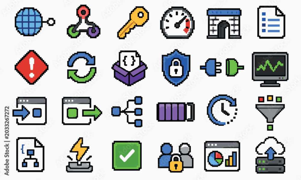 Fototapeta premium Pixel icon set for technology web developers and cyber security data
