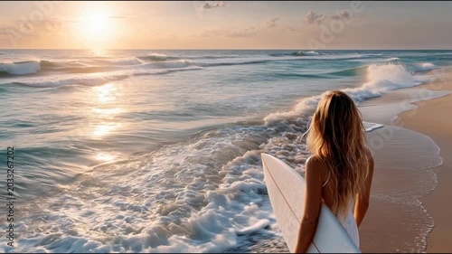 Young woman standing on a scenic tropical beach holding a surfboard, looking out at the turquoise ocean and breaking waves, feeling happy and ready for a refreshing surf