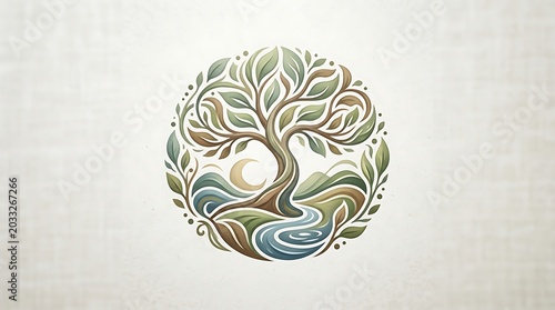 Stylized tree of life emblem with river and moon landscape
