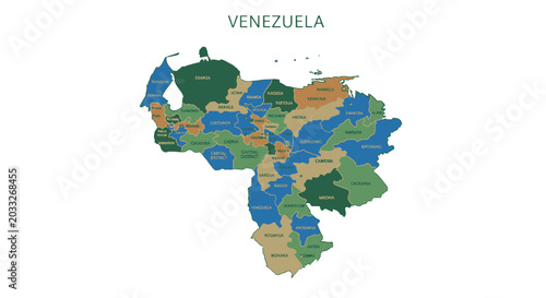 Detailed Colorful Political Map of Venezuela with States Labeled, South American Country, isolated white background