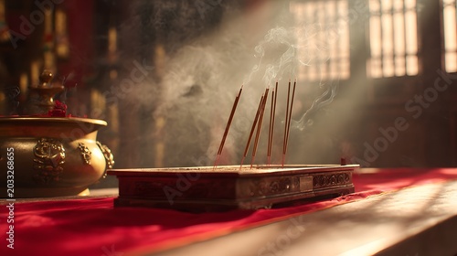 Sandalwood incense sticks burn inside a temple room. Beautiful spiritual background for meditation apps. Traditional ritual for Indian, Tibet or yoga