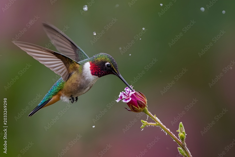 Fototapeta premium Tiny Hummingbird Hovering Near Flower with Rain Droplets Portrait
