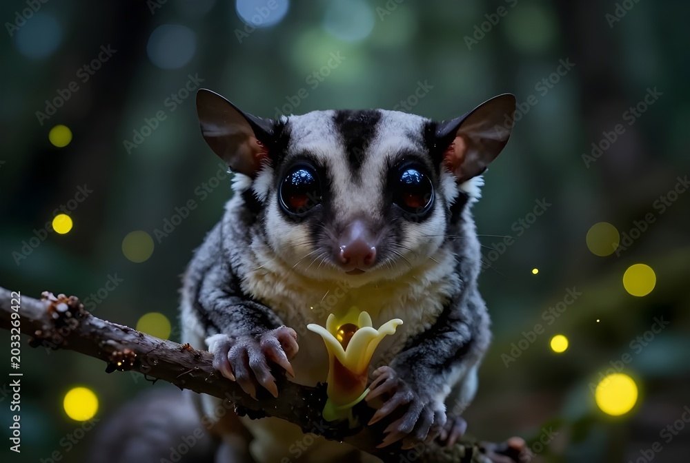 Fototapeta premium Cute Sugar Glider on Branch with Glowing Fireflies in Enchanted Forest