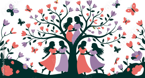 Vector illustration of four women dancing around a tree with colorful flowers and butterflies