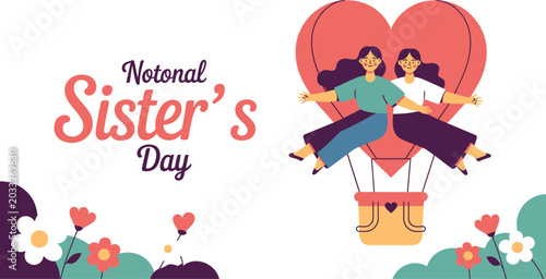 National sisters day celebration with two sisters in heart shaped hot air balloon