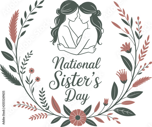 National sisters day illustration with floral wreath and two sisters hugging