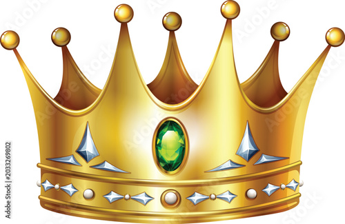 Golden Royal Crown with Green Jewel and Diamond Accents, Symbol of Power and Royalty