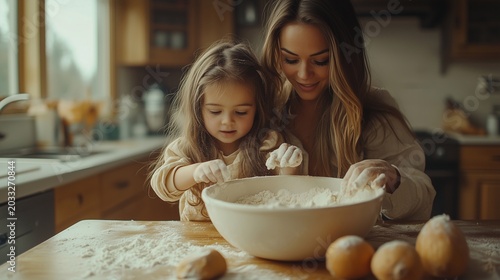 A mother and her young daughter in the kitchen, mixing ingredients in a bowl with flour scattered on the countertop
