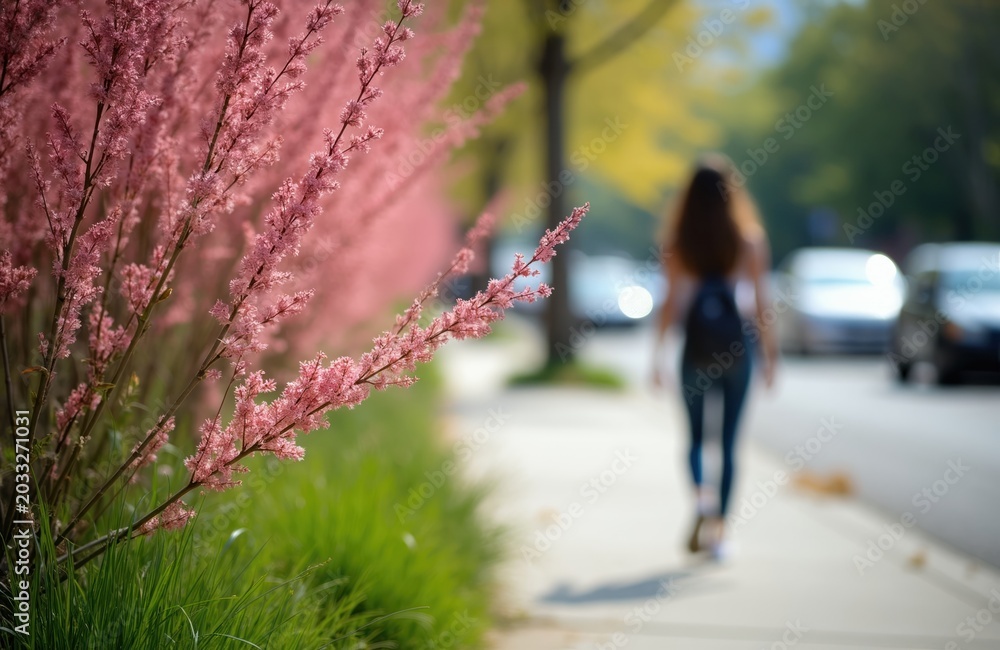 Fototapeta premium Pink tamarisk bloom graces urban sidewalk, blurred woman walks past. Cars pass by on street, showcasing nature and city contrast. Green grass grows nearby.