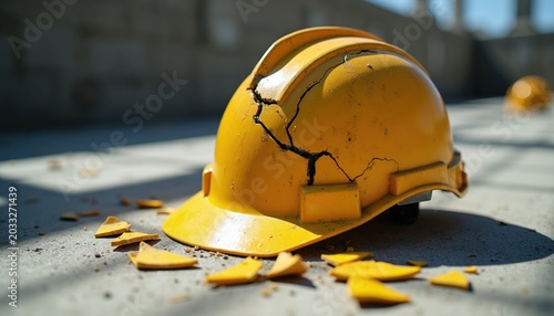 Yellow hard hat lies broken on concrete ground. Fragments scattered around show damage and potential accident. Safety gear failure symbolizes risk in construction.