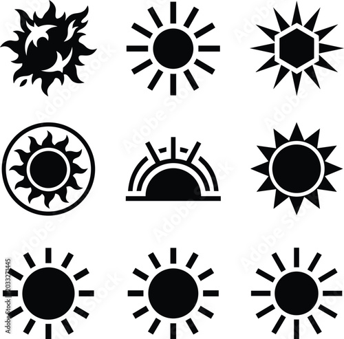 Tableau sur toile Collection of nine distinct black sun icons and symbols representing different c