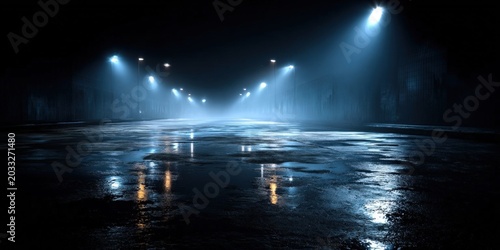 Dark Urban Alley Scene with Wet Asphalt, Neon Lights, and Reflections
