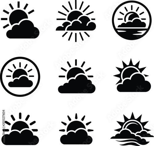Photography Collection of weather icons depicting the sun partially obscured by clouds with