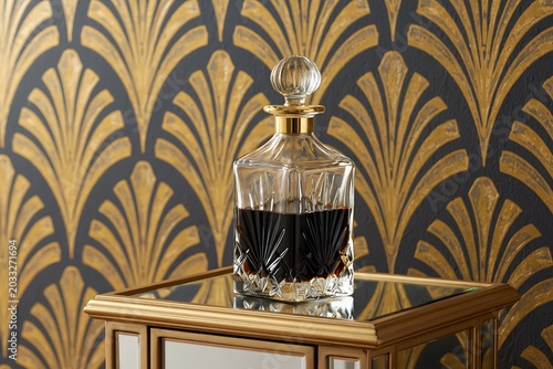 Art deco wallpaper in black and gold, small mirrored side table in front, single crystal decanter, dramatic lighting, glamorous